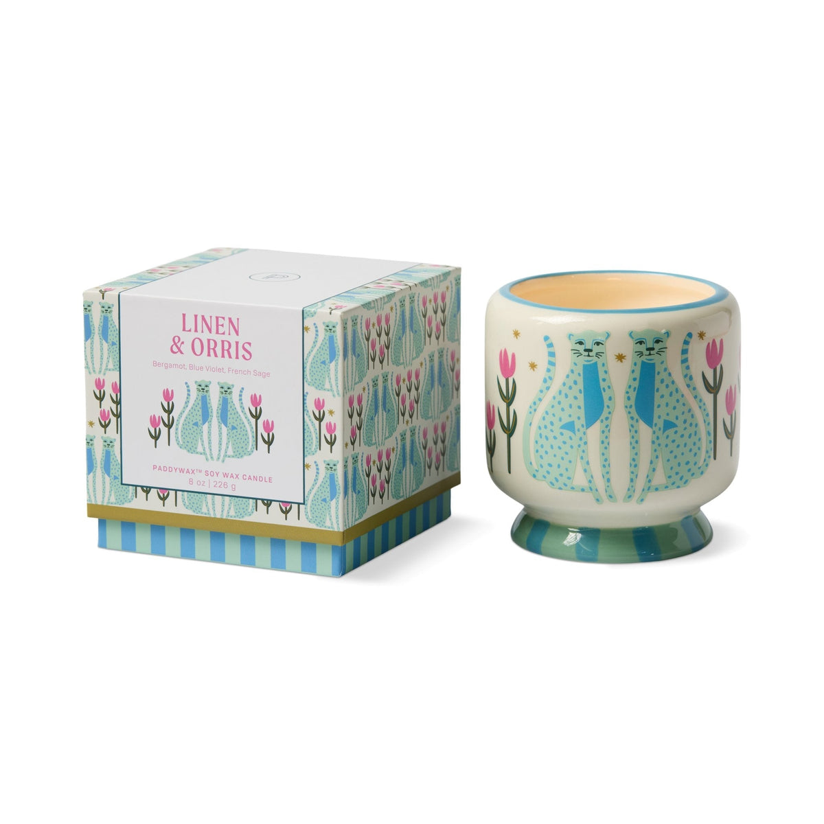 Bougie A Dopo Guépards bleus, lin et iris, 226 g — La sélection Beluga