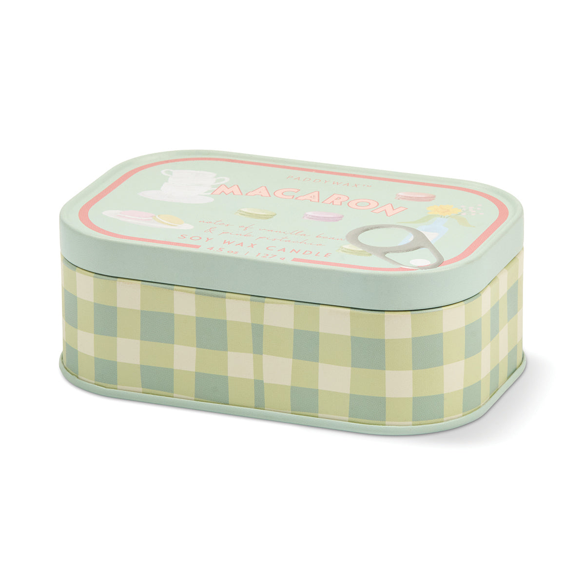 Bougie Bistro Macaron en boîte métal, ambre et pistache, 127 g | La sélection Beluga | Autre angle | Beluga Boutique