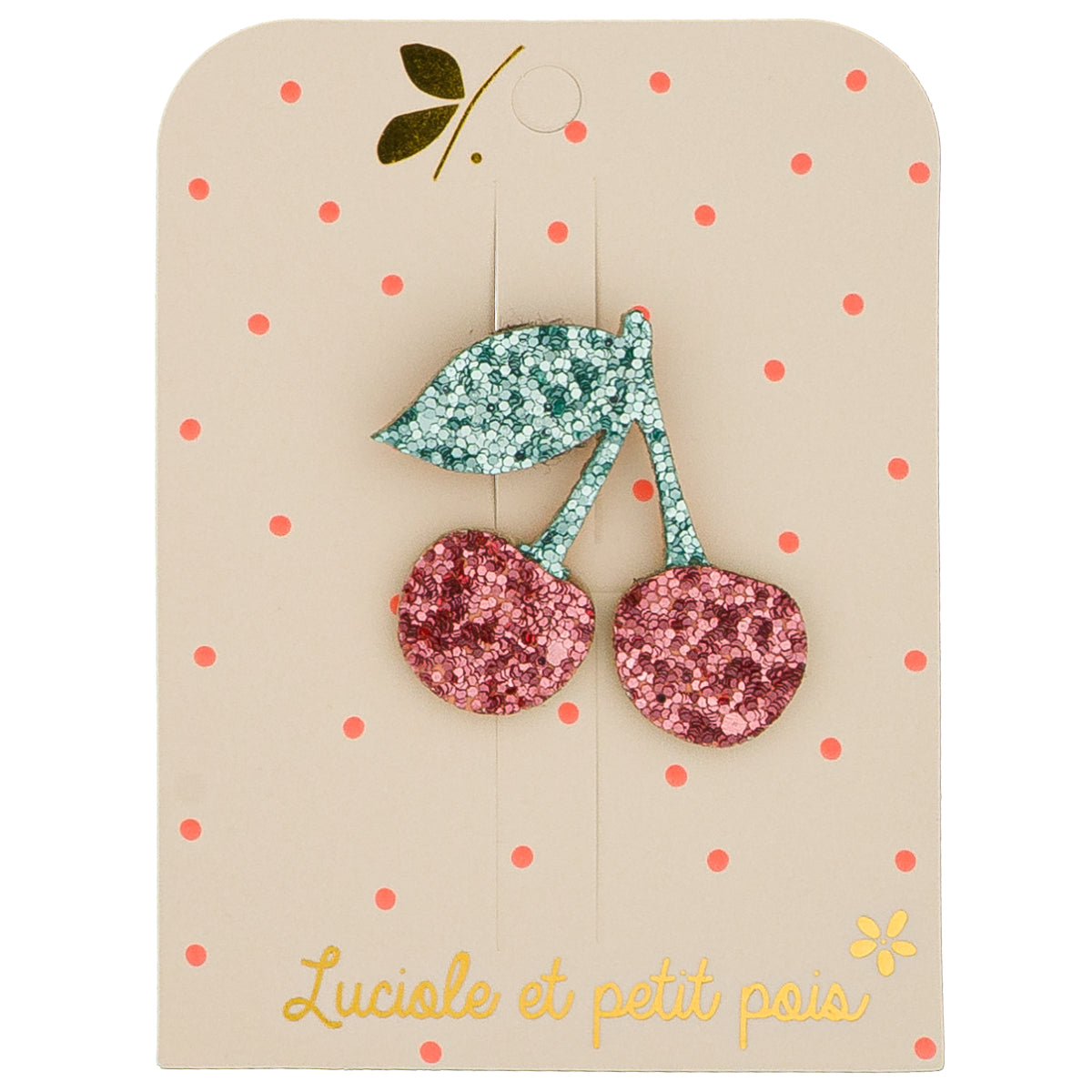 Broche cerise pailletée Luciole et Petit Pois, accessoire enfant fuchsia et vert à clipser sur veste ou sac.