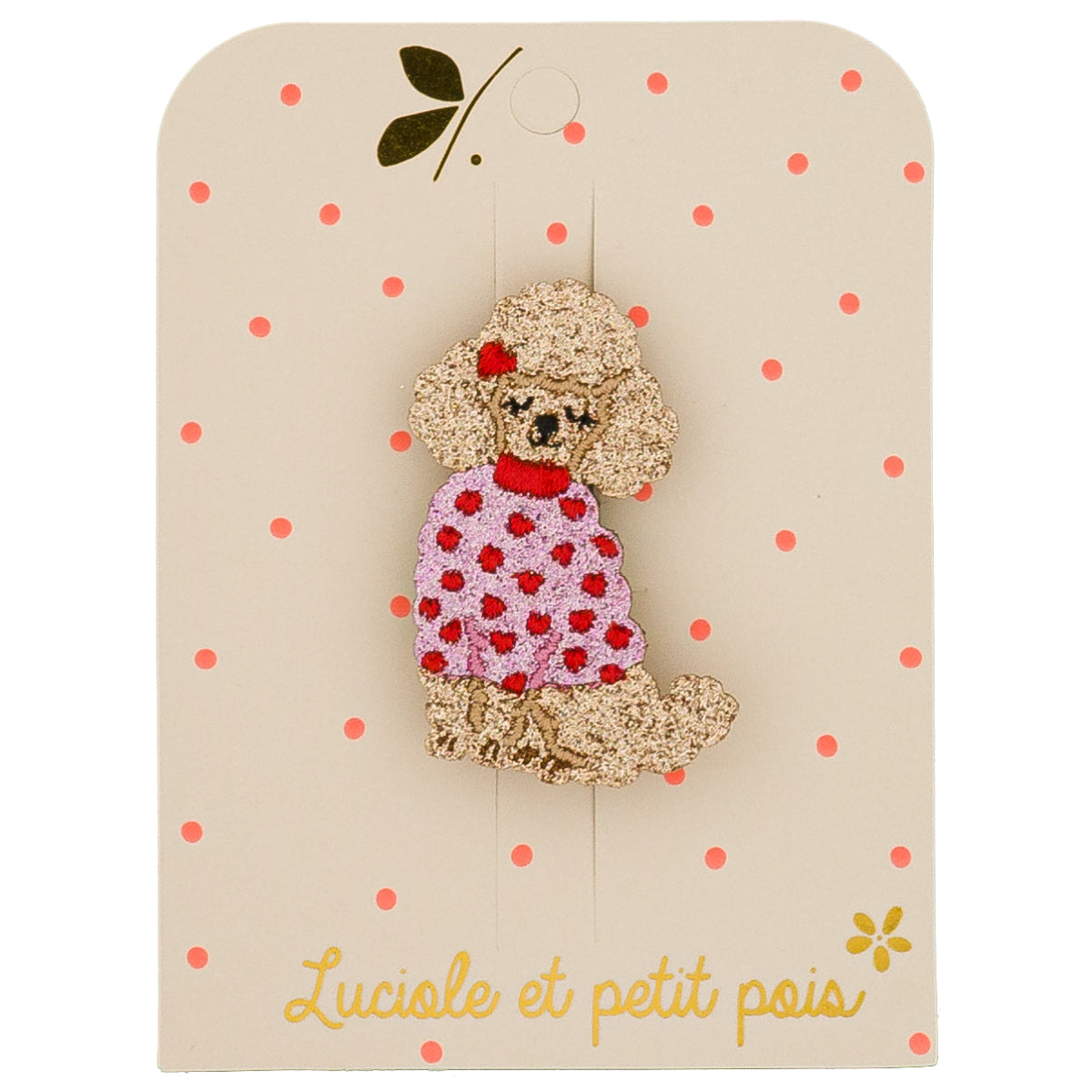 Broche caniche à paillettes Luciole et Petit Pois, accessoire enfant fuchsia et doré à clipser.
