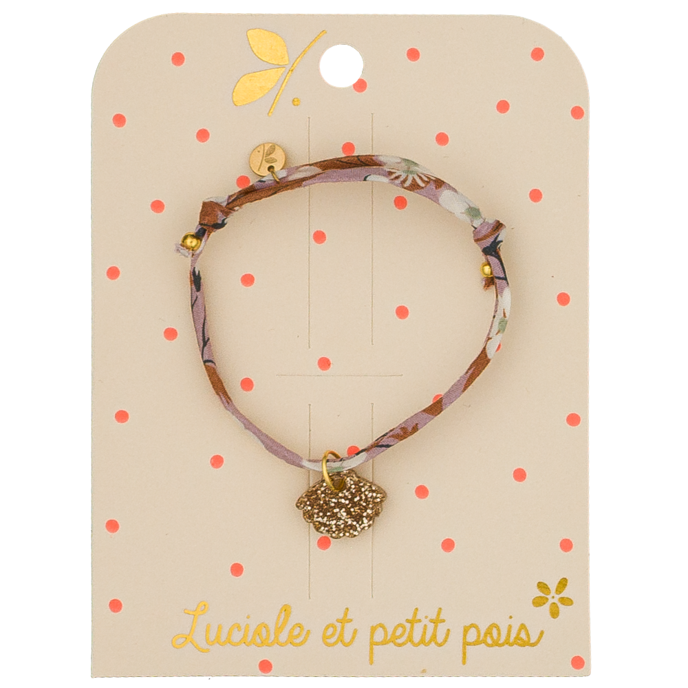 Bracelet Liberty Mitsi Glycine et perle coquillage Luciole et Petit Pois, bijou enfant rose et doré, cordon ajustable.