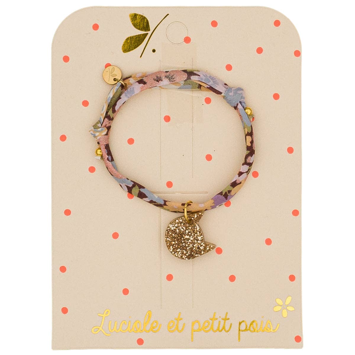 Bracelet Liberty Thorpe Blush et chat irisé Luciole et Petit Pois, bijou enfant en coton rose et lilas, pendentif chat doré pailleté, cordon ajustable.