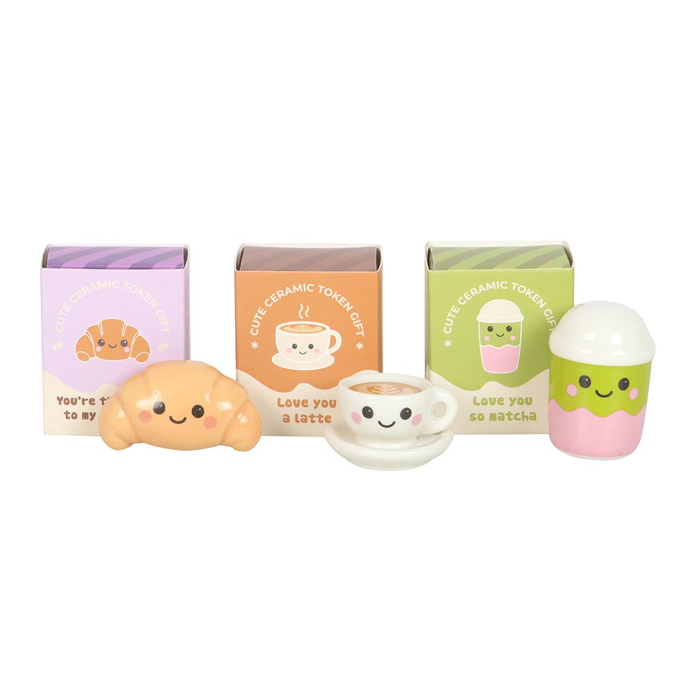Jetons porte-bonheur Kawaii Kafe en céramique, croissant matcha et latte, Something Different | Beluga Boutique