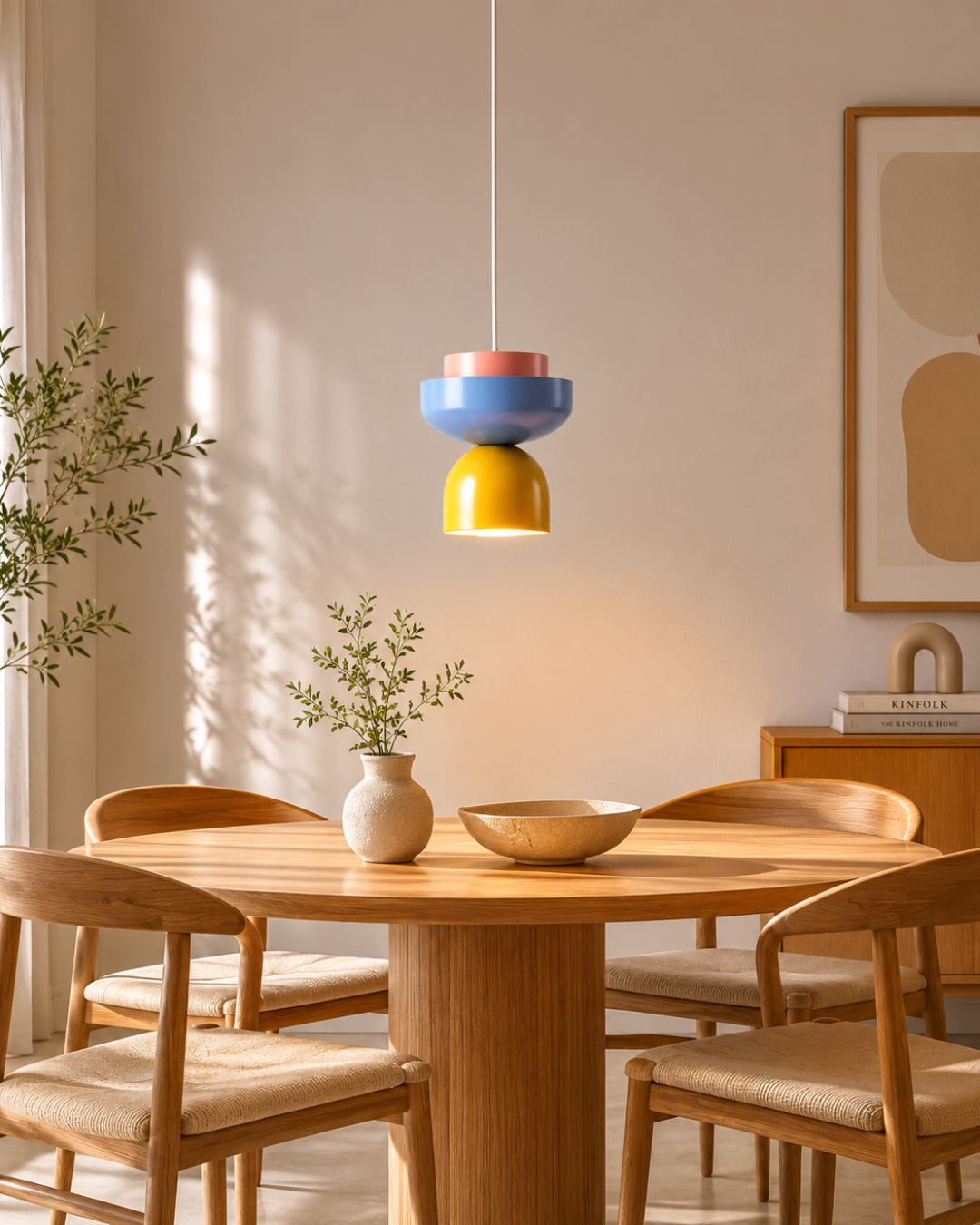 Ulia Metal and Wood Pendant Light – Dusty Blue, Mustard and Coral