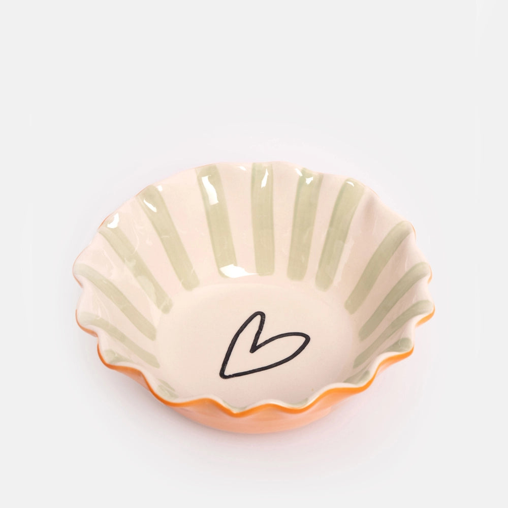 Orange scalloped bowl with aqua green stripes and heart outline in hand-painted glazed stoneware