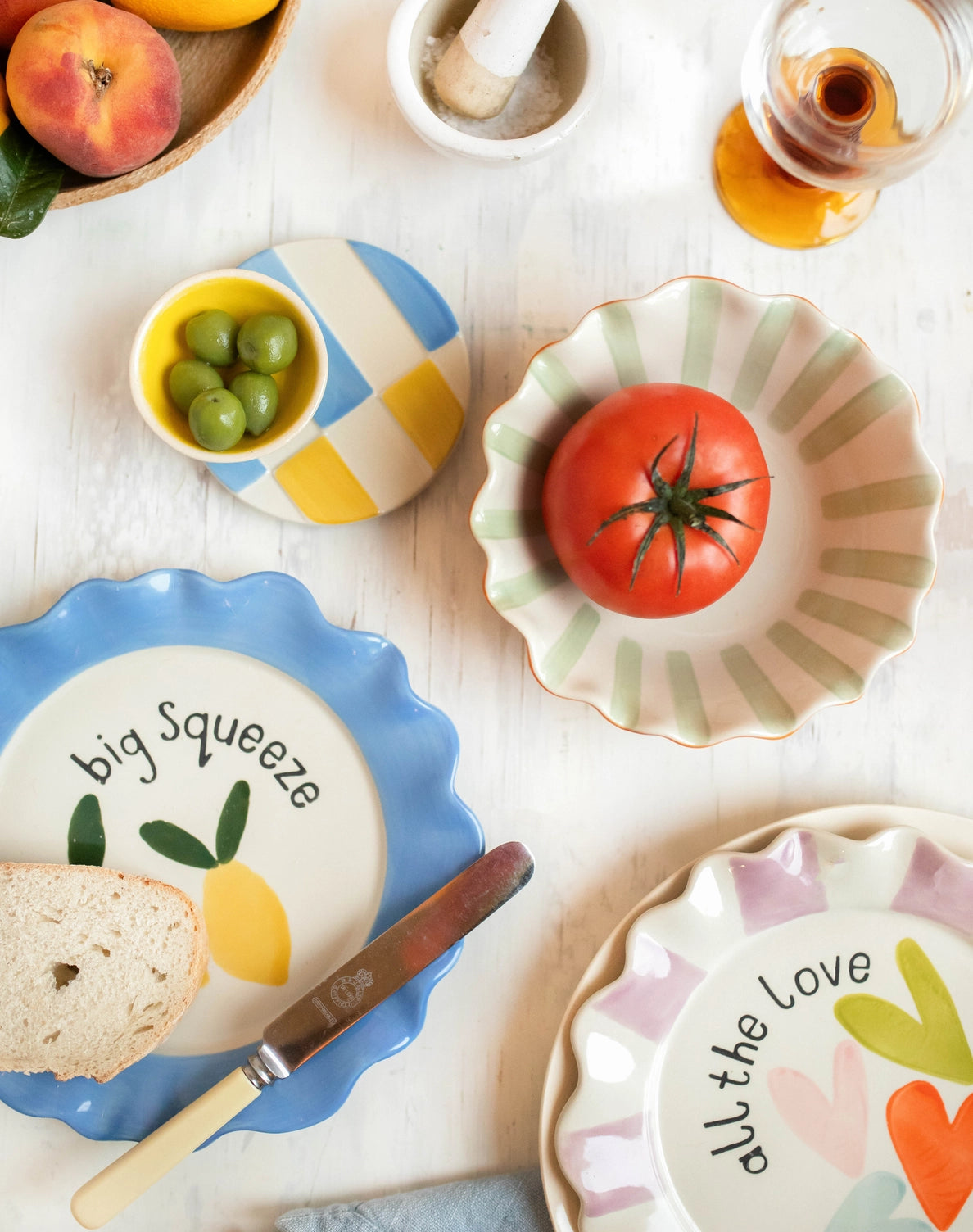 Set de 4 dessous de verre à rayures multicolores en grès émaillé peint à la main