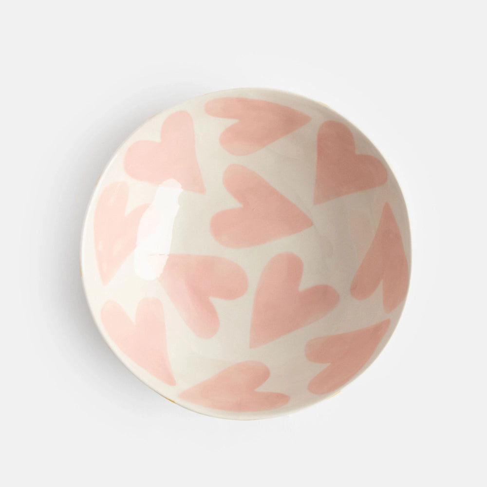 Bol rond à cœurs roses et rayures moutarde en grès émaillé peint à la main