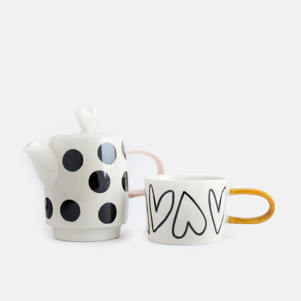 Service à thé pour une personne Mono Spots & Hearts avec théière et mug – boîte cadeau