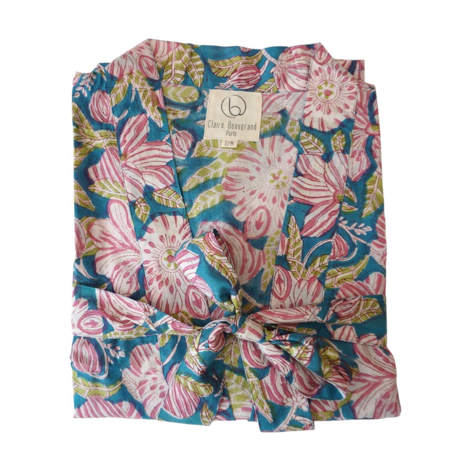 Kimono en coton imprimé fleuri bleu canard Palma, Claire Beaugrand