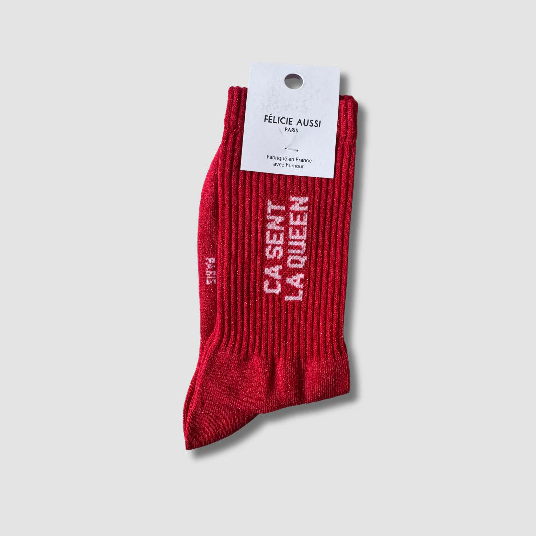 Chaussettes Ca Sent la Queen à paillettes rouge