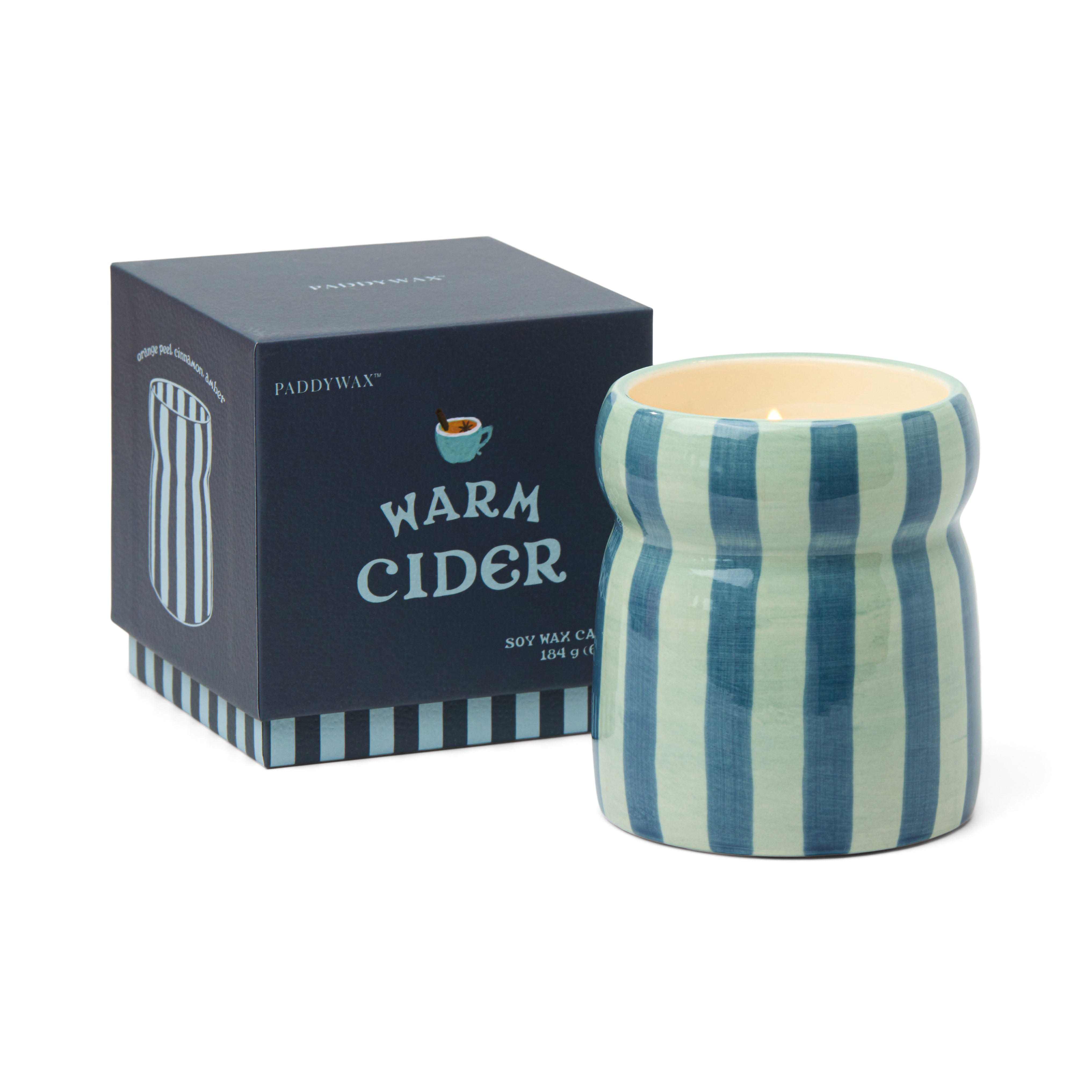 Bougie rayée bleu et bleu marine en céramique, Cidre chaud 184 g