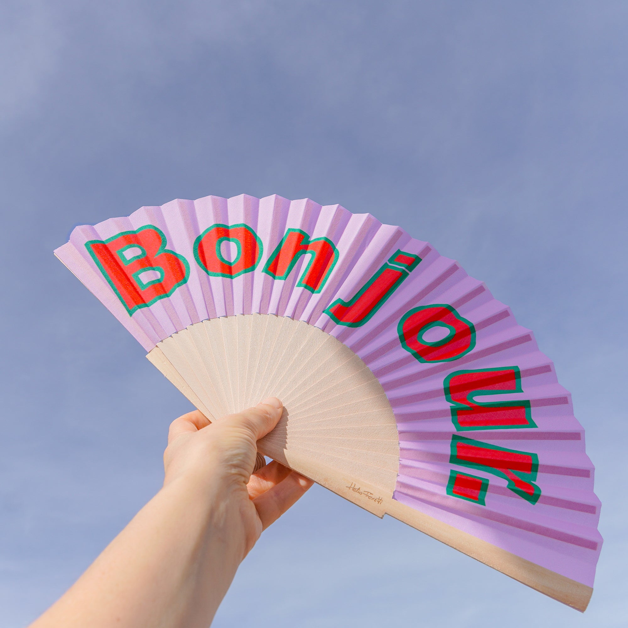 Eventail Bonjour Violet en bois