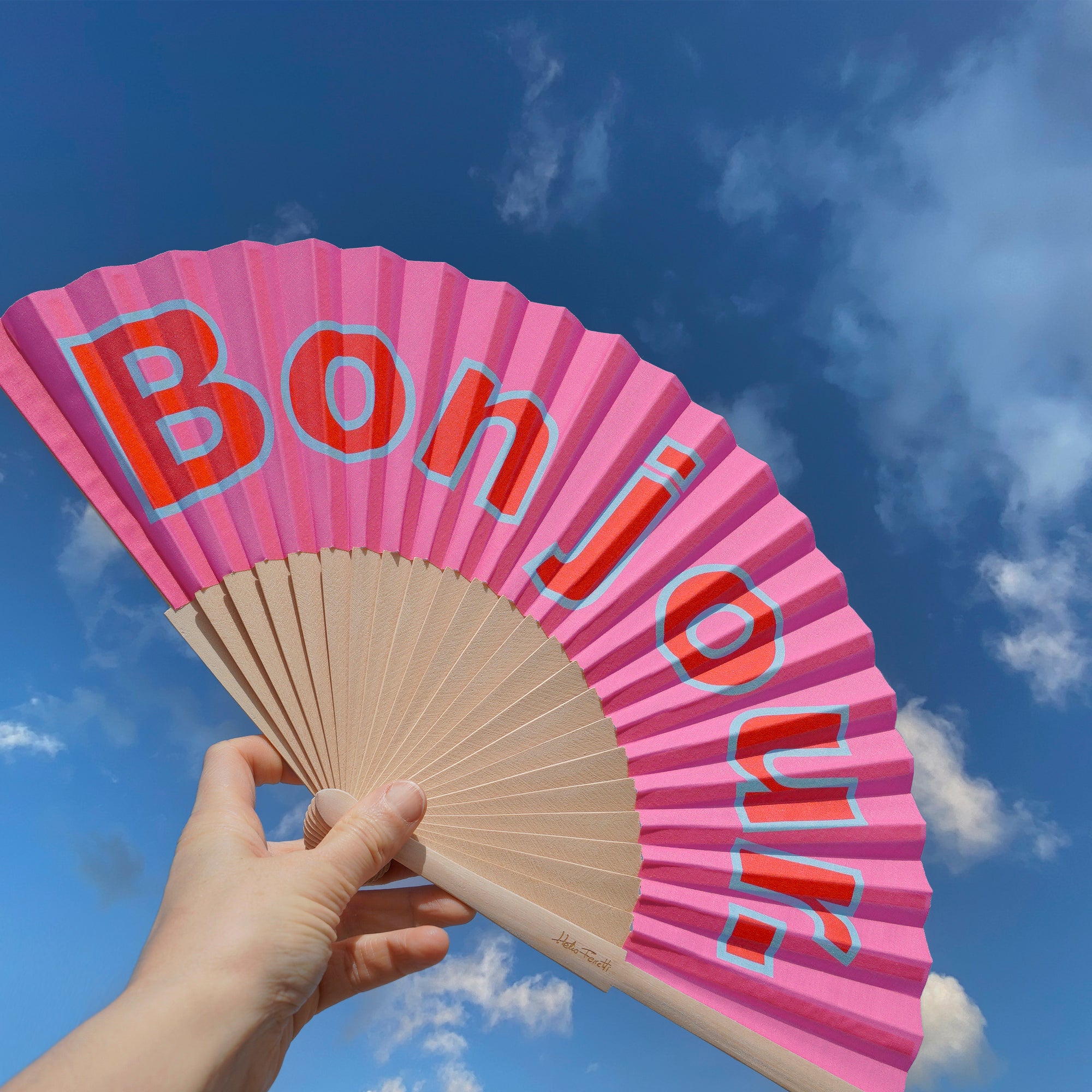 Eventail Bonjour Rose en bois