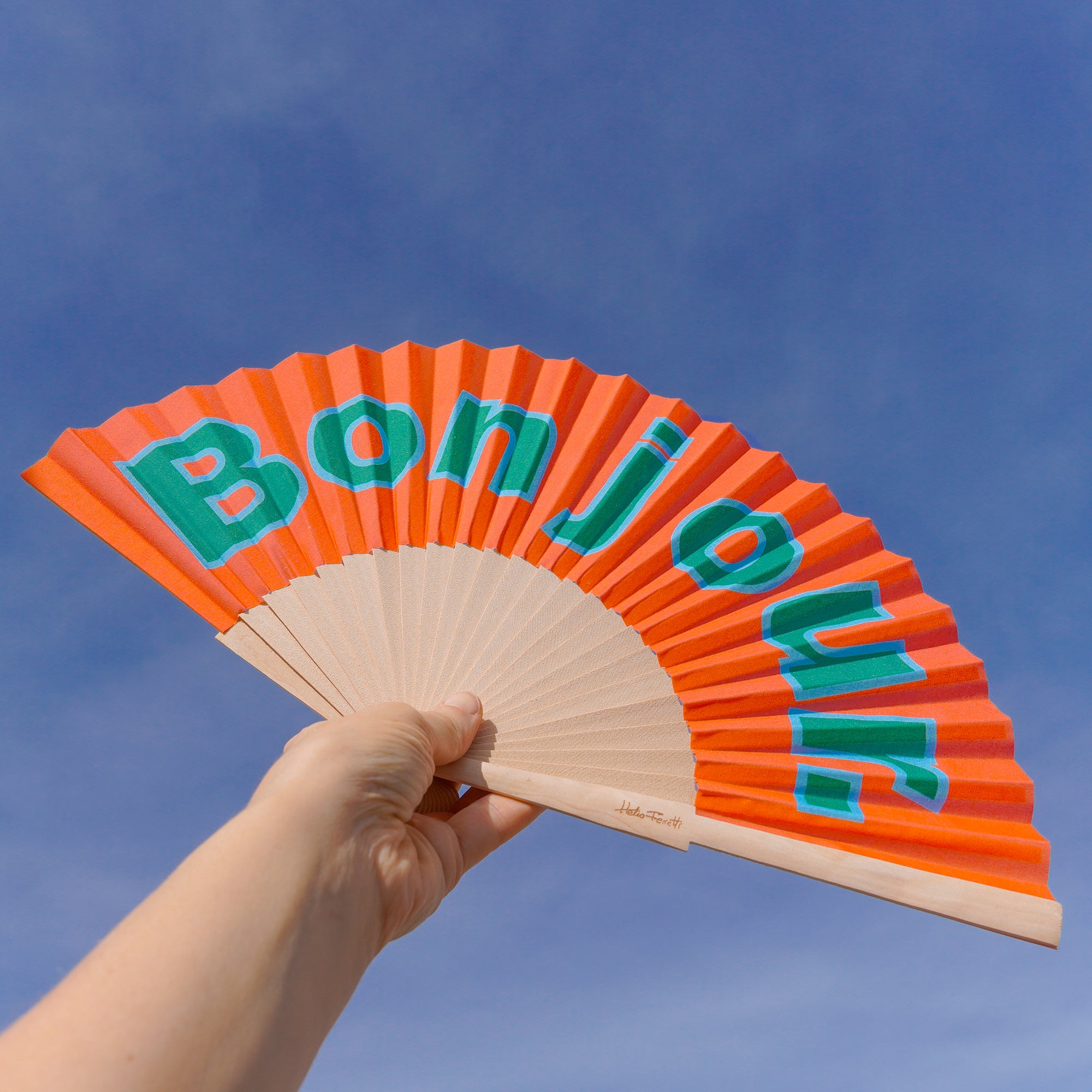 Eventail Bonjour Orange en bois