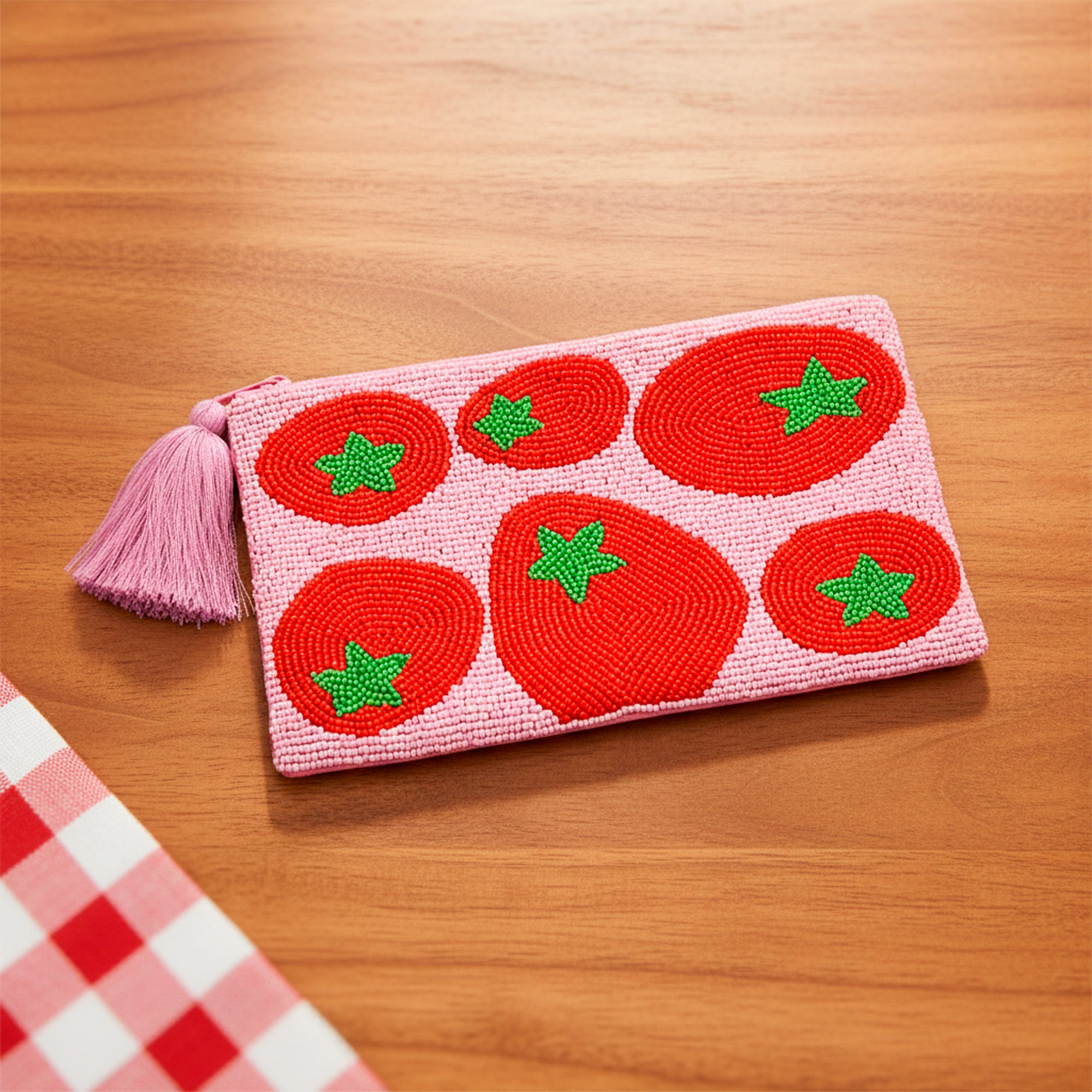 Pochette perlée tomates en coton rose