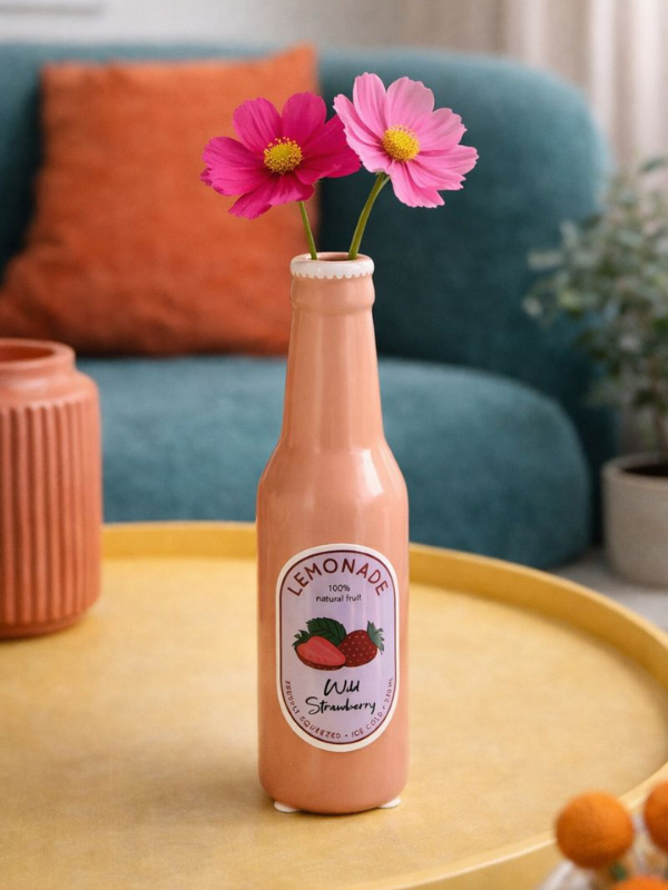 Vase bouteille Limonade Fraise en faïence fine
