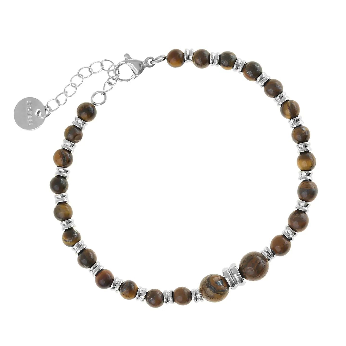Bracelet de perles œil de tigre marron et argent