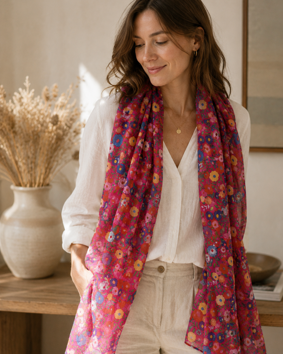 Multicolor Ranunculus Cotton Scarf in Deep Pink