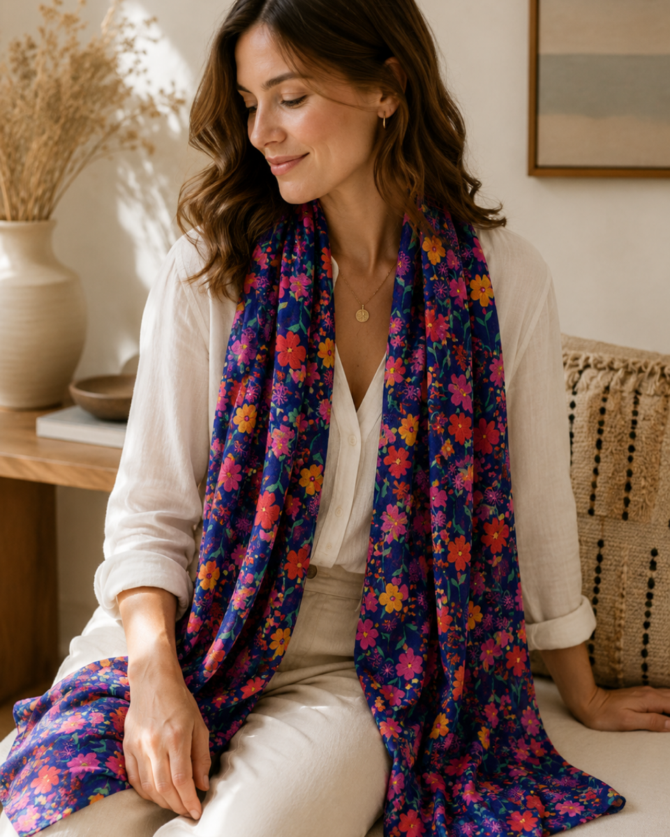 Liberty Floral Cotton Scarf in Deep Blue