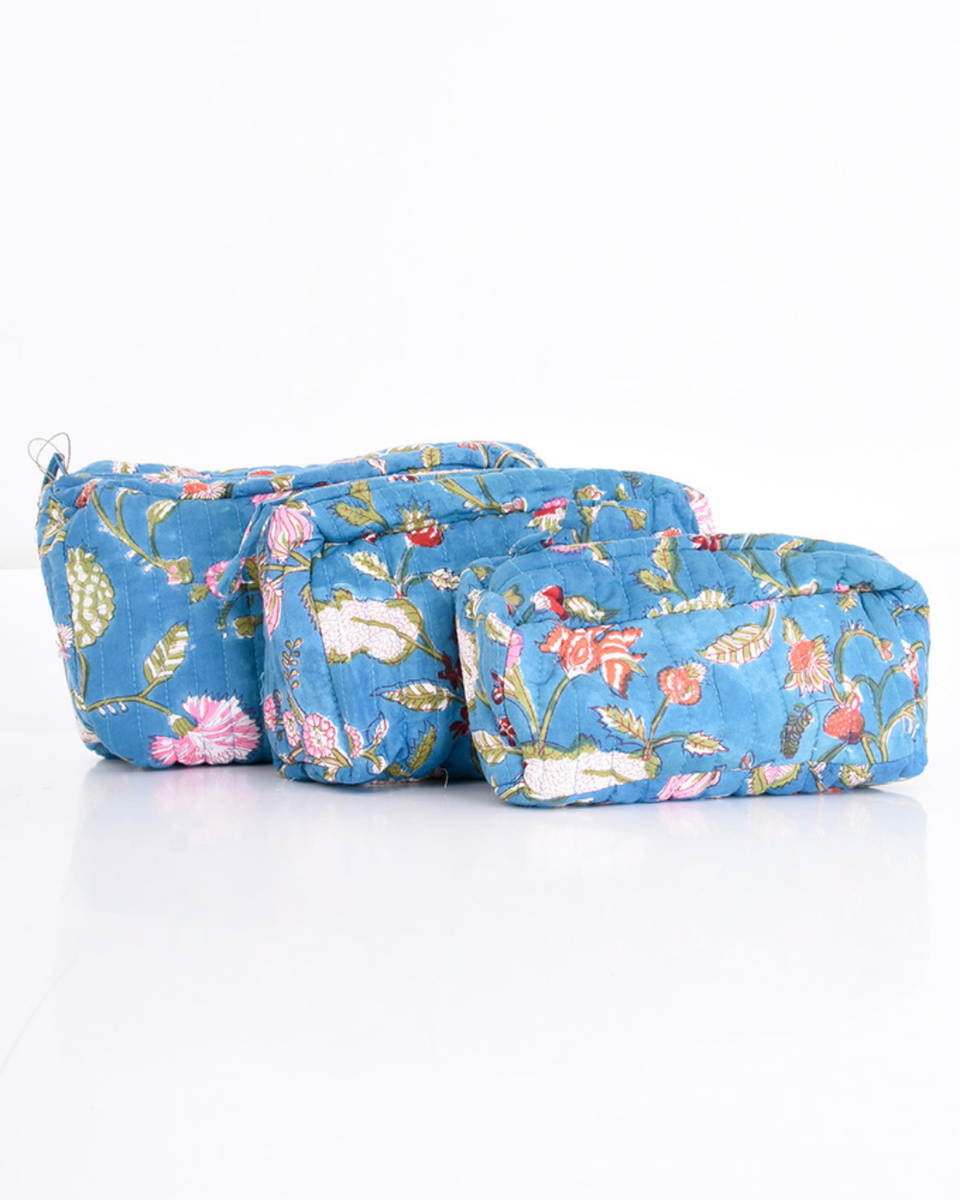 Trousse de toilette en coton matelassé block print, bleu foncé