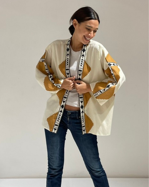 Kimono coton double Ikat géant — Marron clair — vue 4