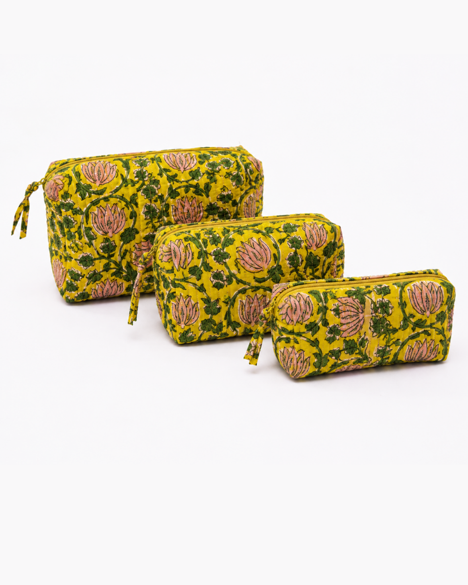 Trousse de toilette en coton matelassé block print, jaune foncé