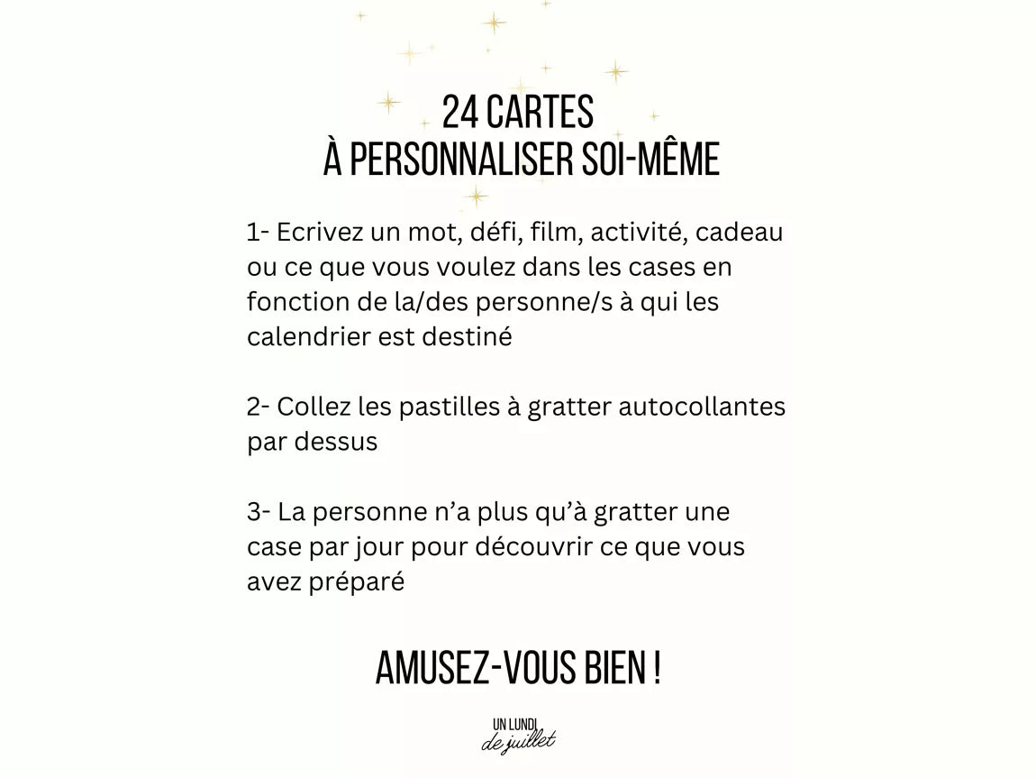 Calendrier d'Avent - 24 cartes à gratter personnalisables