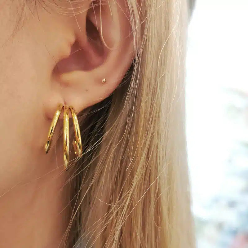 Gold stainless steel triple hoop earrings 25 mm minimalist layered design