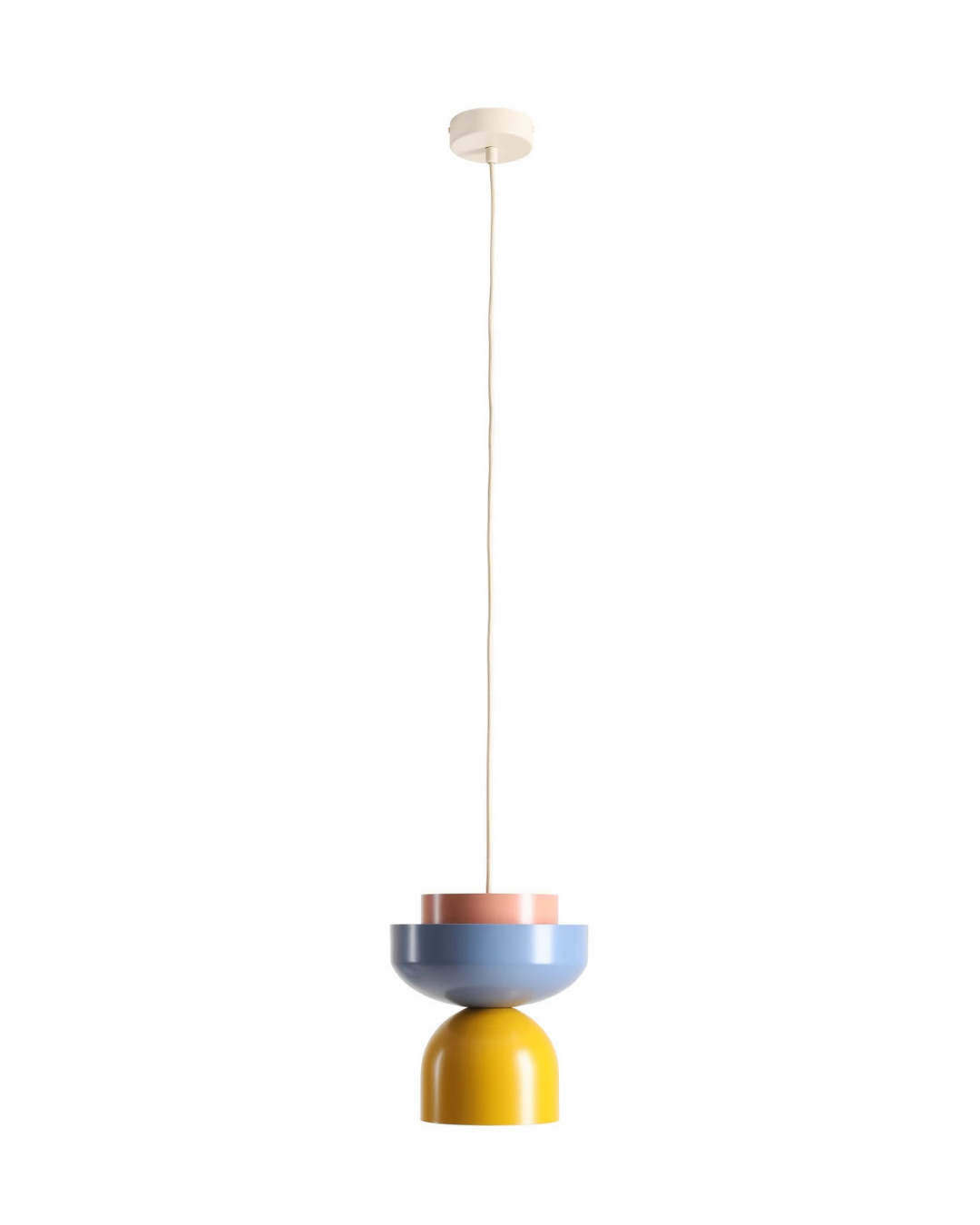 Ulia Metal and Wood Pendant Light – Dusty Blue, Mustard and Coral
