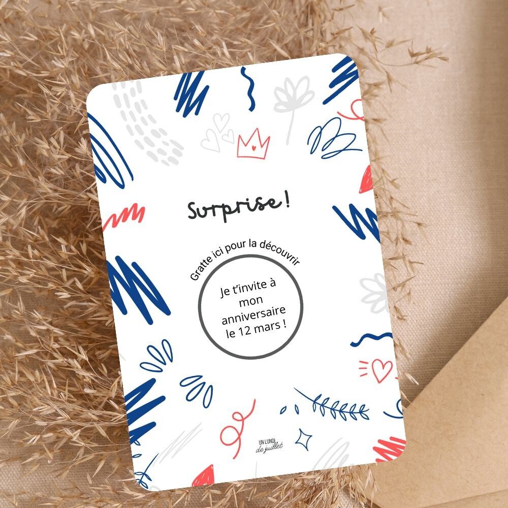 Carte à gratter personnalisable | Un Lundi de Juillet | Modèle Surprise, fête, exemple d’invitation | Beluga Boutique