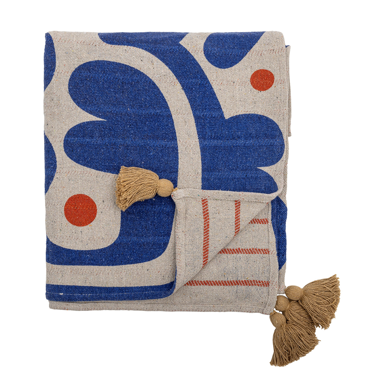 Plaid Eviaya bleu à motif floral graphique et pompons | Bloomingville | Vue principale | Beluga Boutique