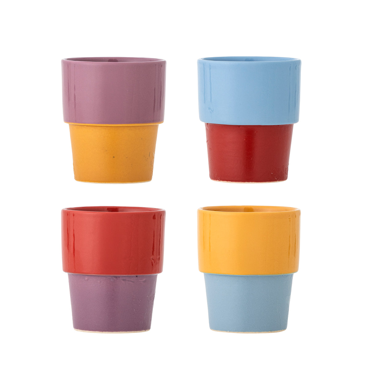 Tasses Ewan en grès bicolores violet, jaune, bleu et rouge, lot de 4 | Bloomingville | Vue principale | Beluga Boutique