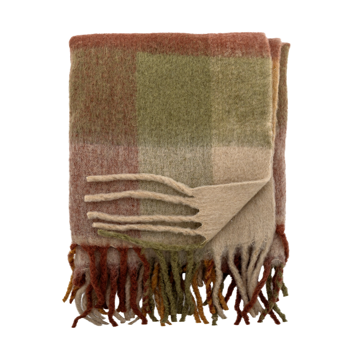 Plaid Hamisha à grands carreaux vert et brun, franges multicolores | Bloomingville | Vue principale | Beluga Boutique
