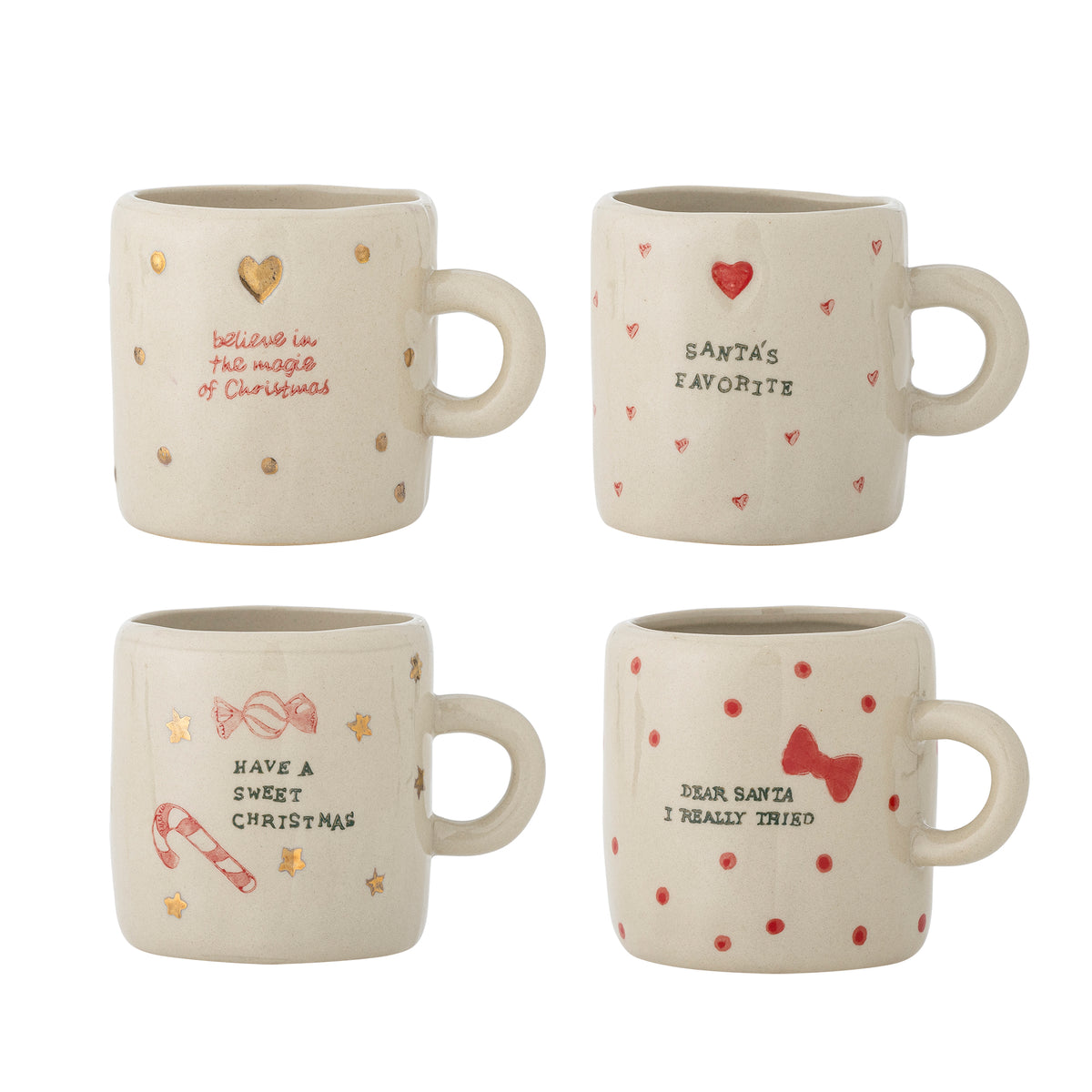 Tasses Christy en grès messages de Noël rouges et dorés, lot de 4 | Bloomingville | Vue principale | Beluga Boutique