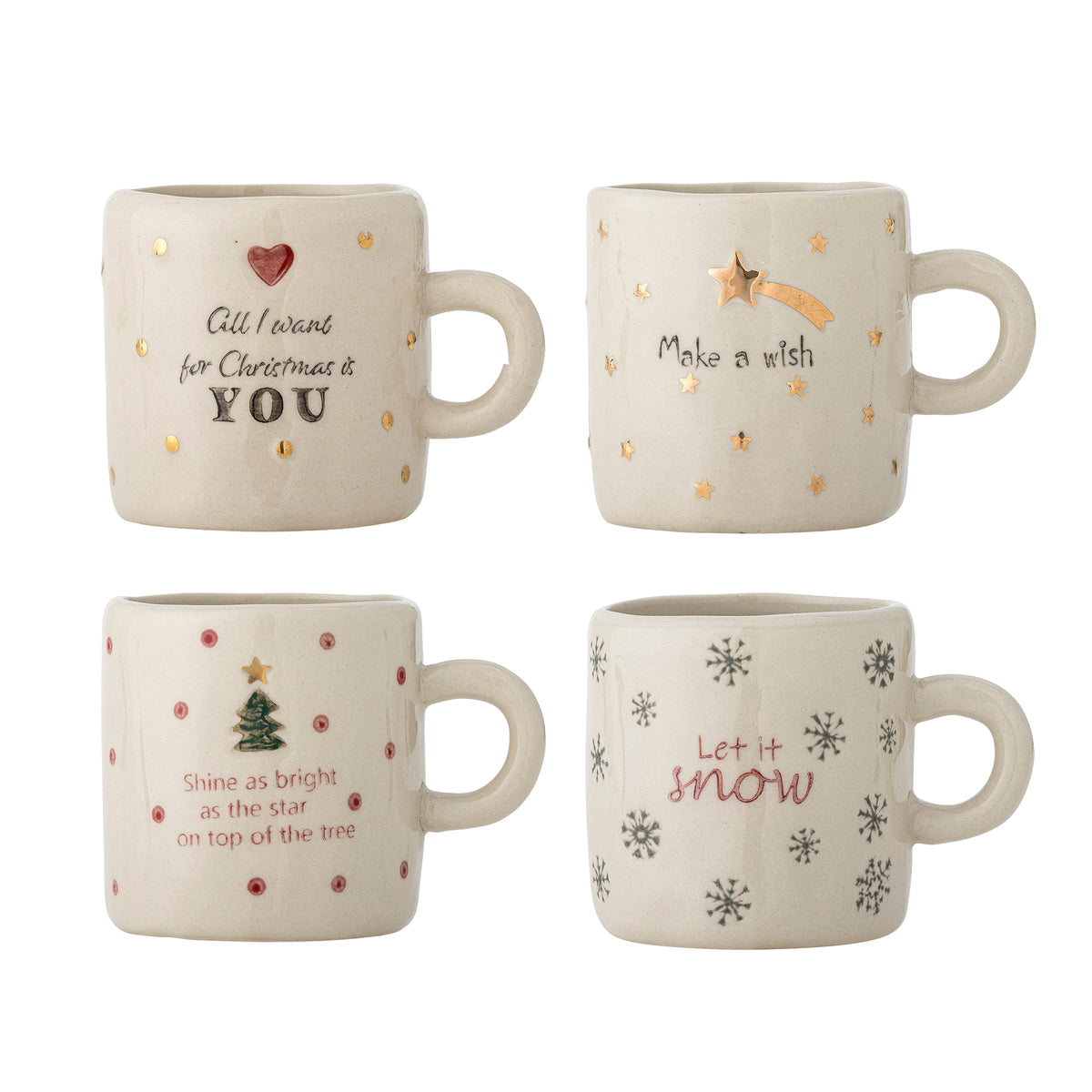 Bloomingville Christy Christmas Message Stoneware Cups, Stars and Snowflakes, Set of 4 | Bloomingville | Main view | Beluga Boutique