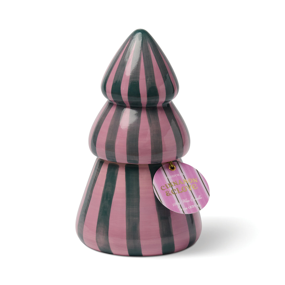 Bougie sapin Cabana Noël rayé rose et vert, cannelle et clou de girofle, 255 g | La sélection Beluga | Vue principale | Beluga Boutique