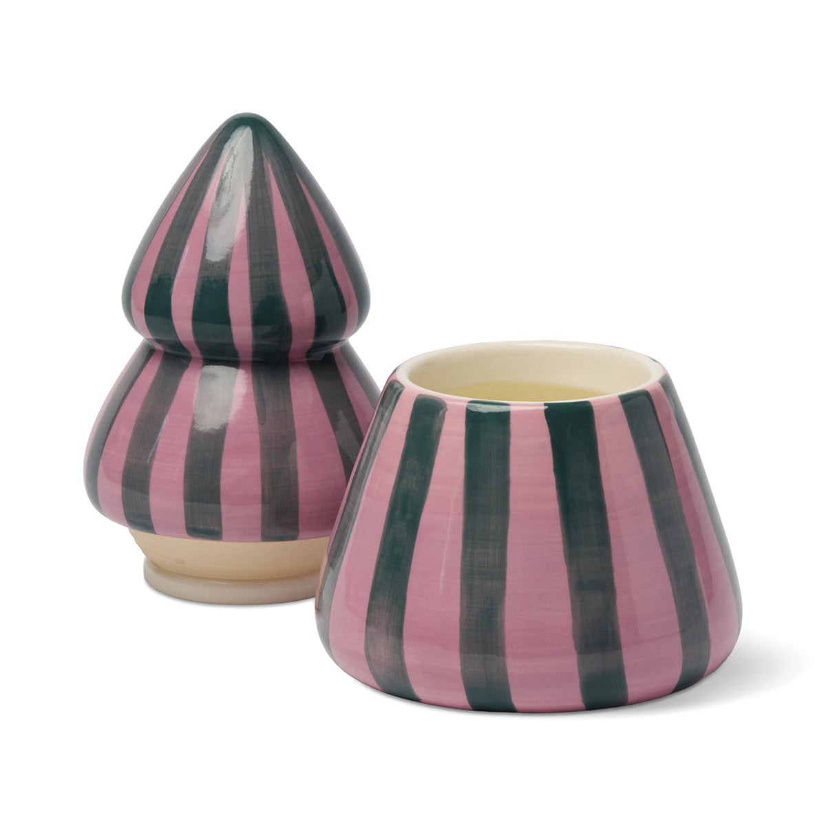 Bougie sapin Cabana Noël rayé rose et vert, cannelle et clou de girofle, 255 g | La sélection Beluga | Intérieur | Beluga Boutique