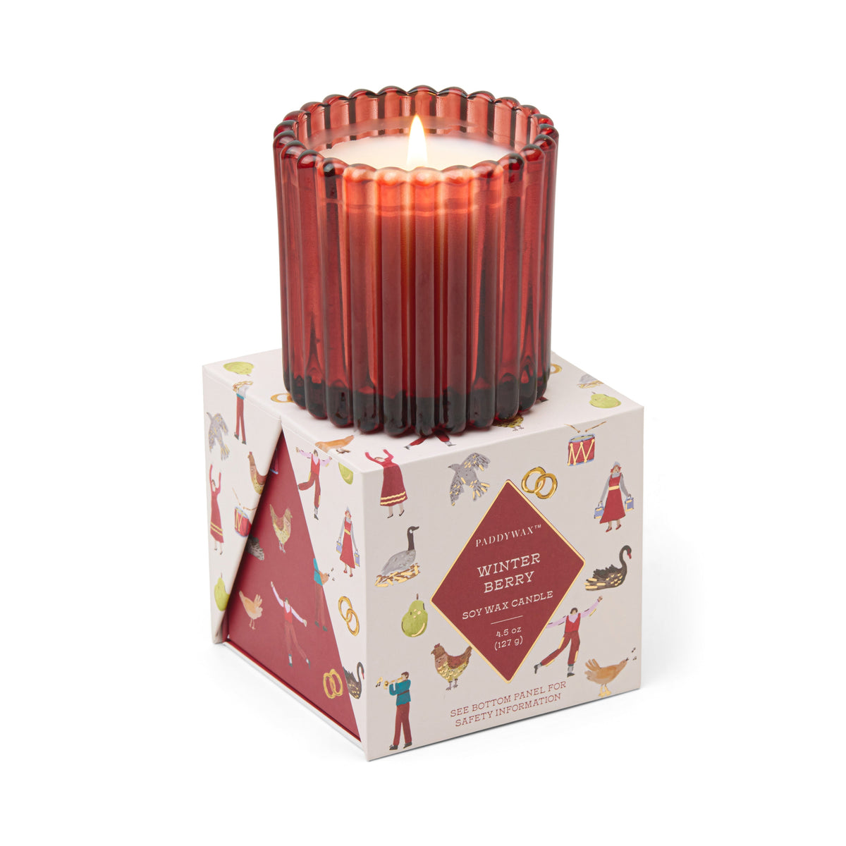 Bougie de Noel en verre nervure rouge, baies d'hiver