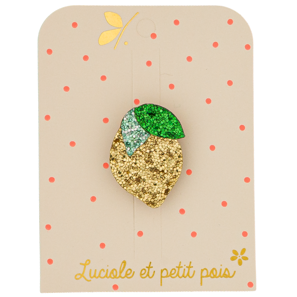 Broche citron pailletée Luciole et Petit Pois, accessoire enfant jaune et doré à clipser sur veste ou sac.