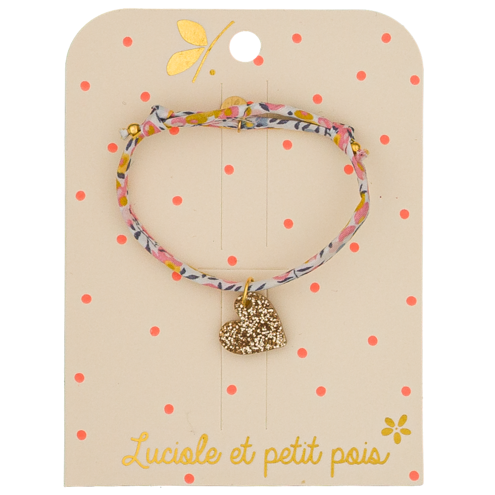 Bracelet Liberty Wiltshire Bud et cœur doré Luciole et Petit Pois, bijou enfant en coton rose et jaune, cordon ajustable.