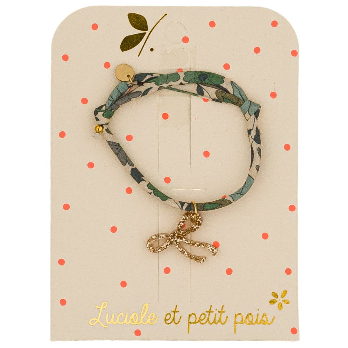 Bracelet Liberty Poppy et Daisy à nœud Luciole et Petit Pois, bijou enfant en coton vert feuillage et rose, pendentif nœud doré pailleté, cordon ajustable.
