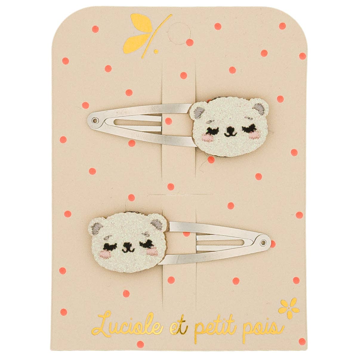Barrettes flocon et ourson Luciole et Petit Pois, paire de pinces clic clac à ourson pailleté blanc pour enfant.