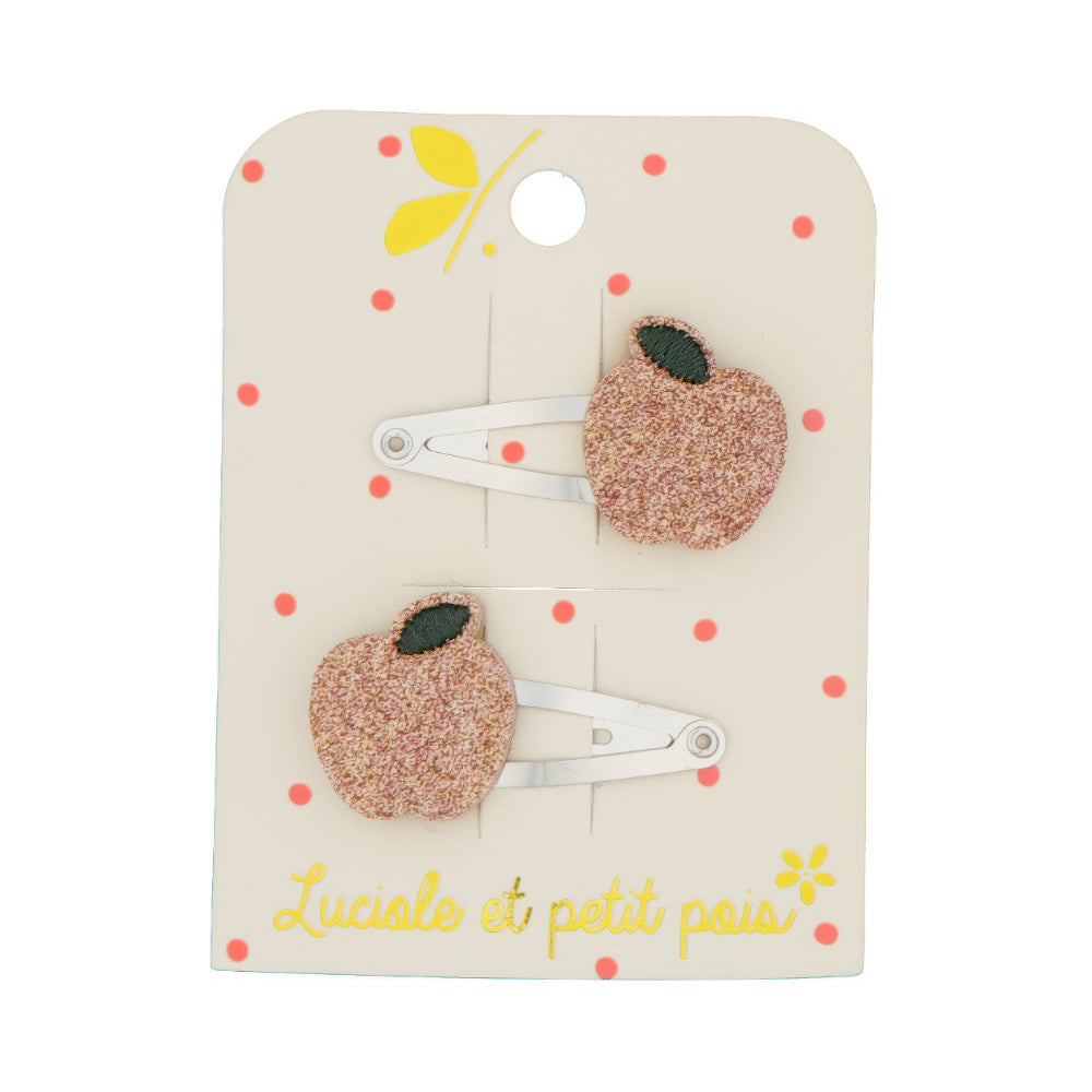 Barrettes mini pommes roses Luciole et Petit Pois, paire de pinces clic clac pailletées roses pour enfant.