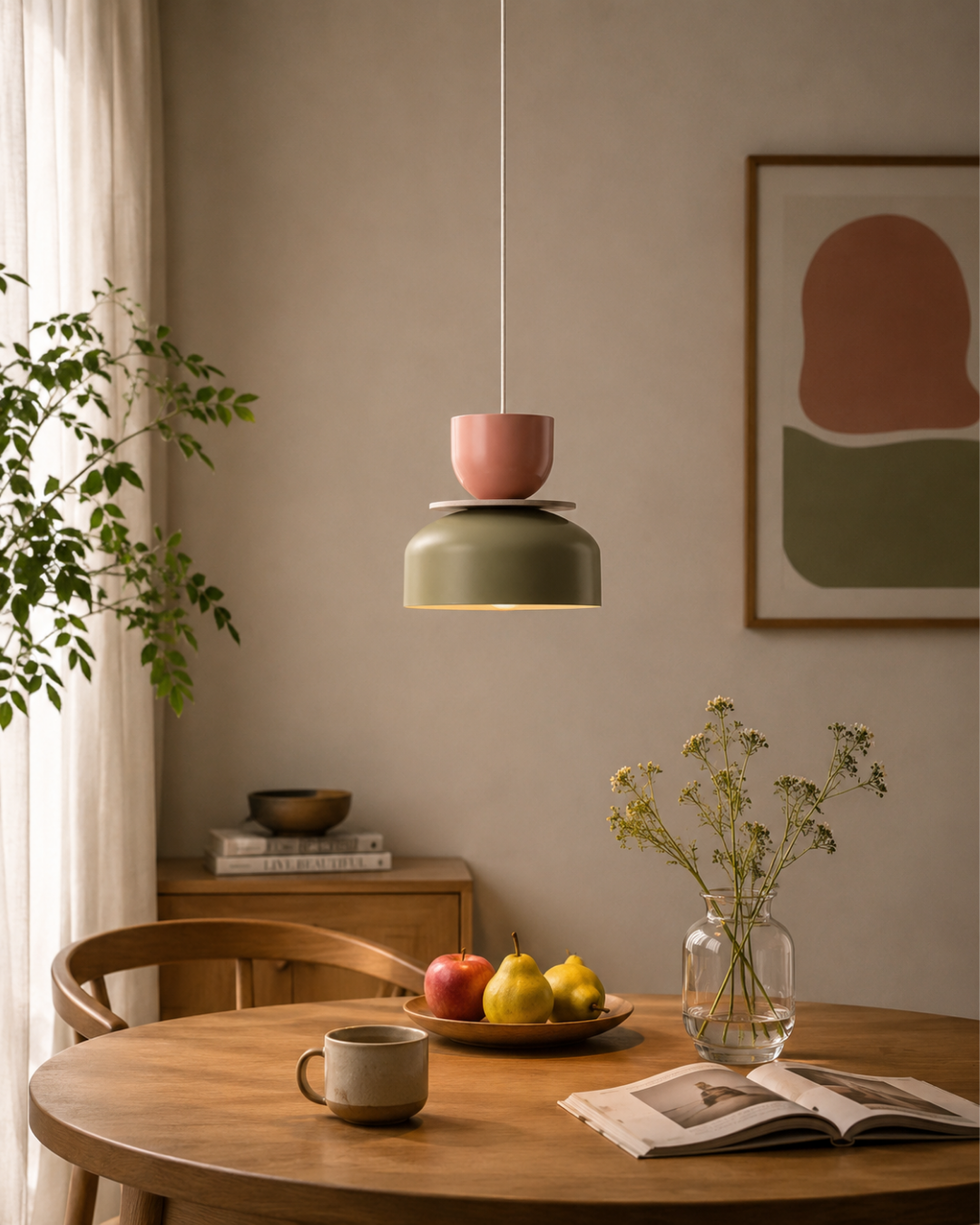 Uto Metal and Wood Pendant Light – Pistachio and Coral