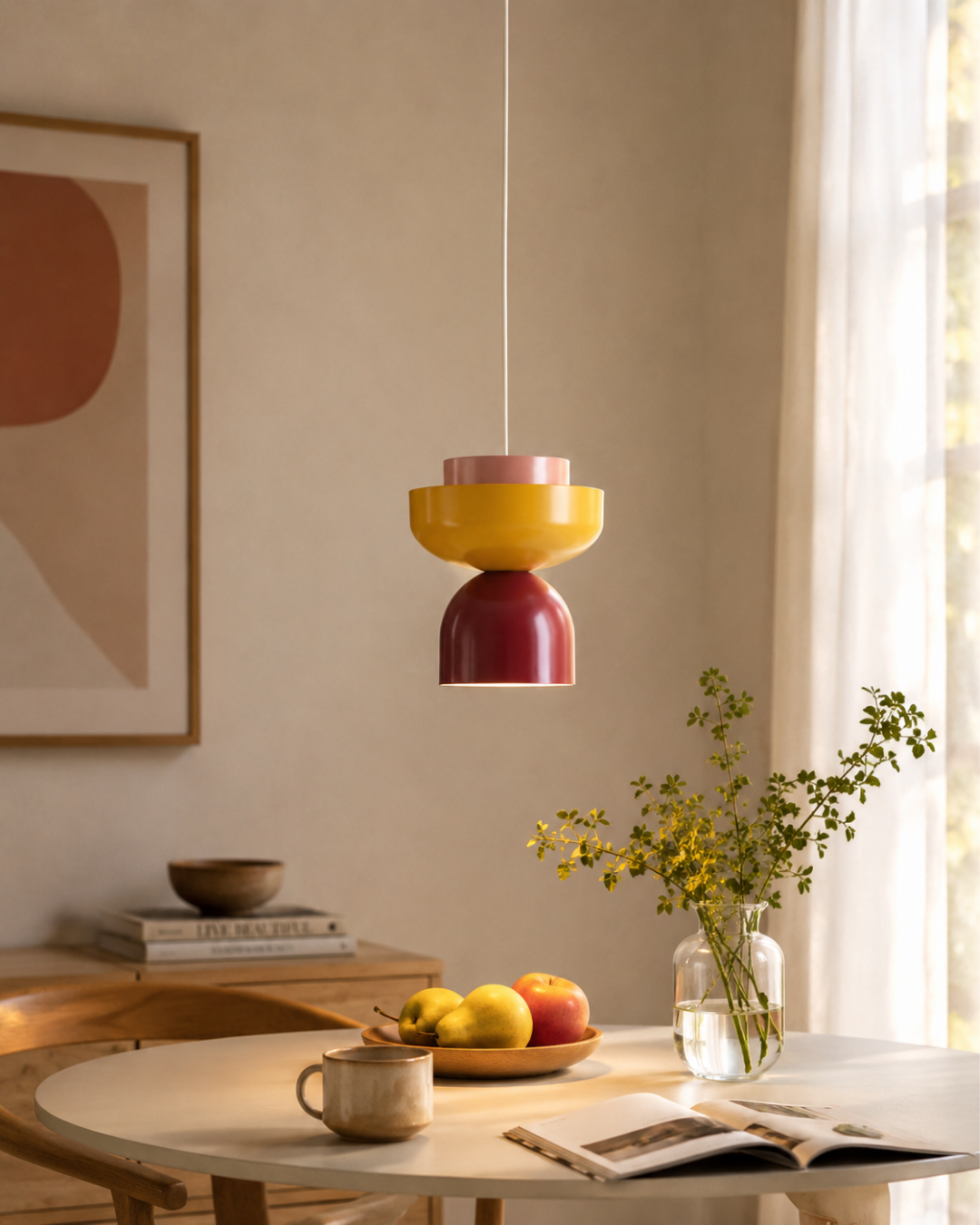 Ulia Metal and Wood Pendant Light – Mustard, Coral and Burgundy