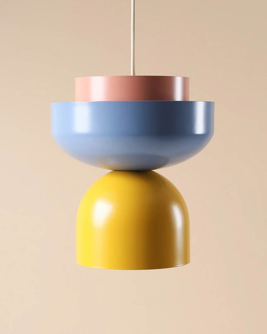 Ulia Metal and Wood Pendant Light – Dusty Blue, Mustard and Coral