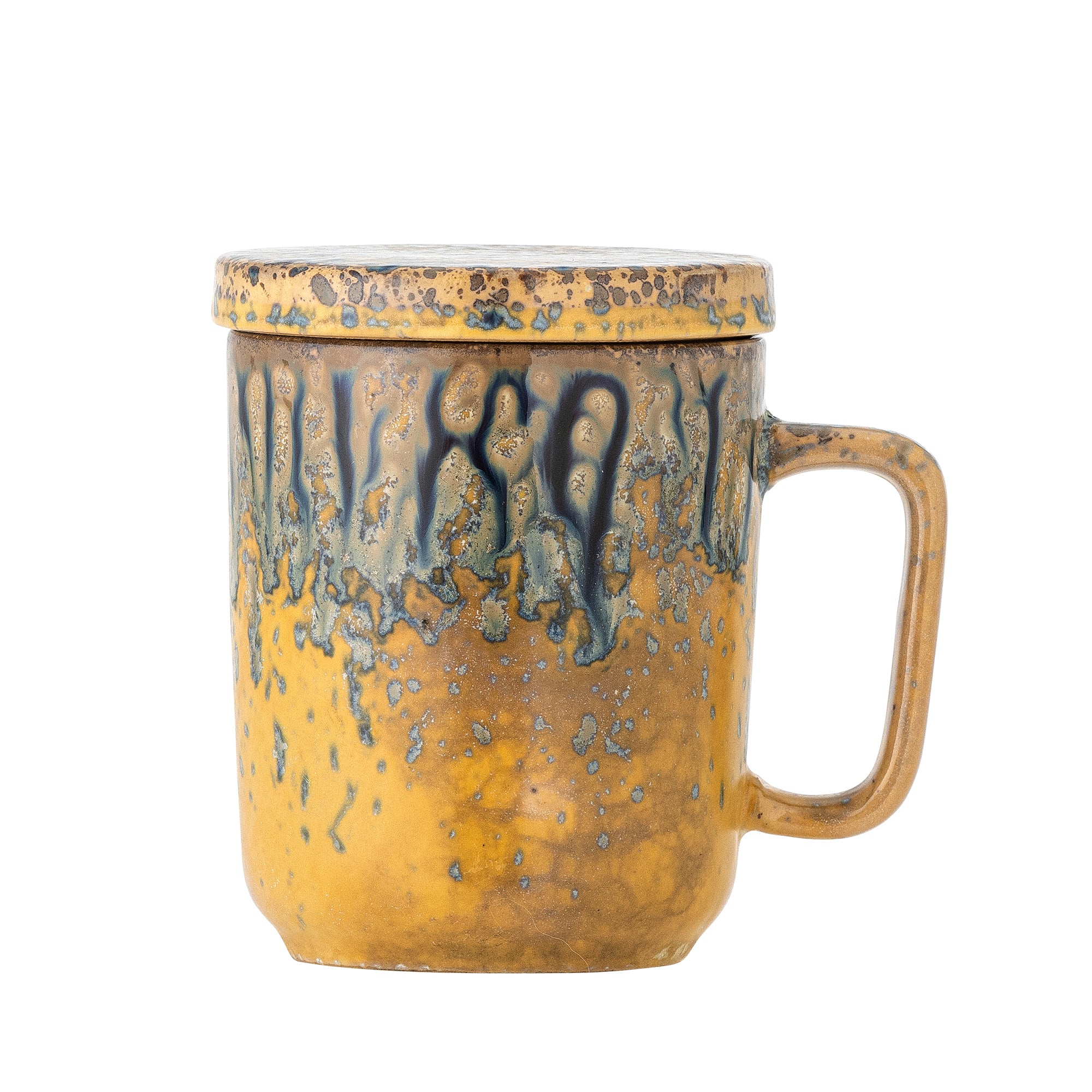 Yuma Tasse avec couvercle et passoire à thé en grès jaune