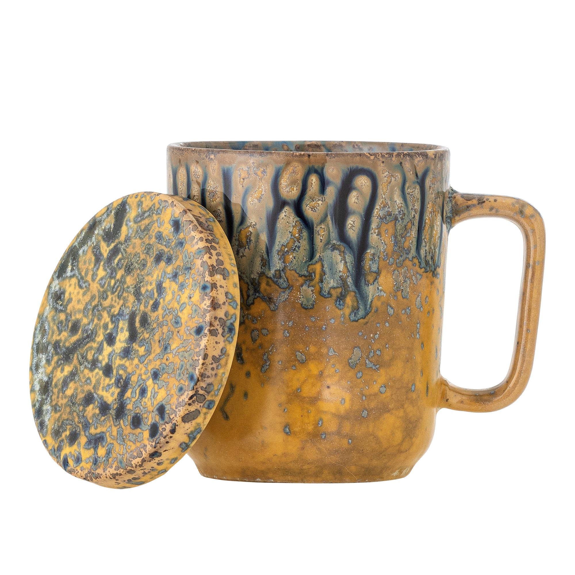 Yuma Tasse avec couvercle et passoire à thé en grès jaune