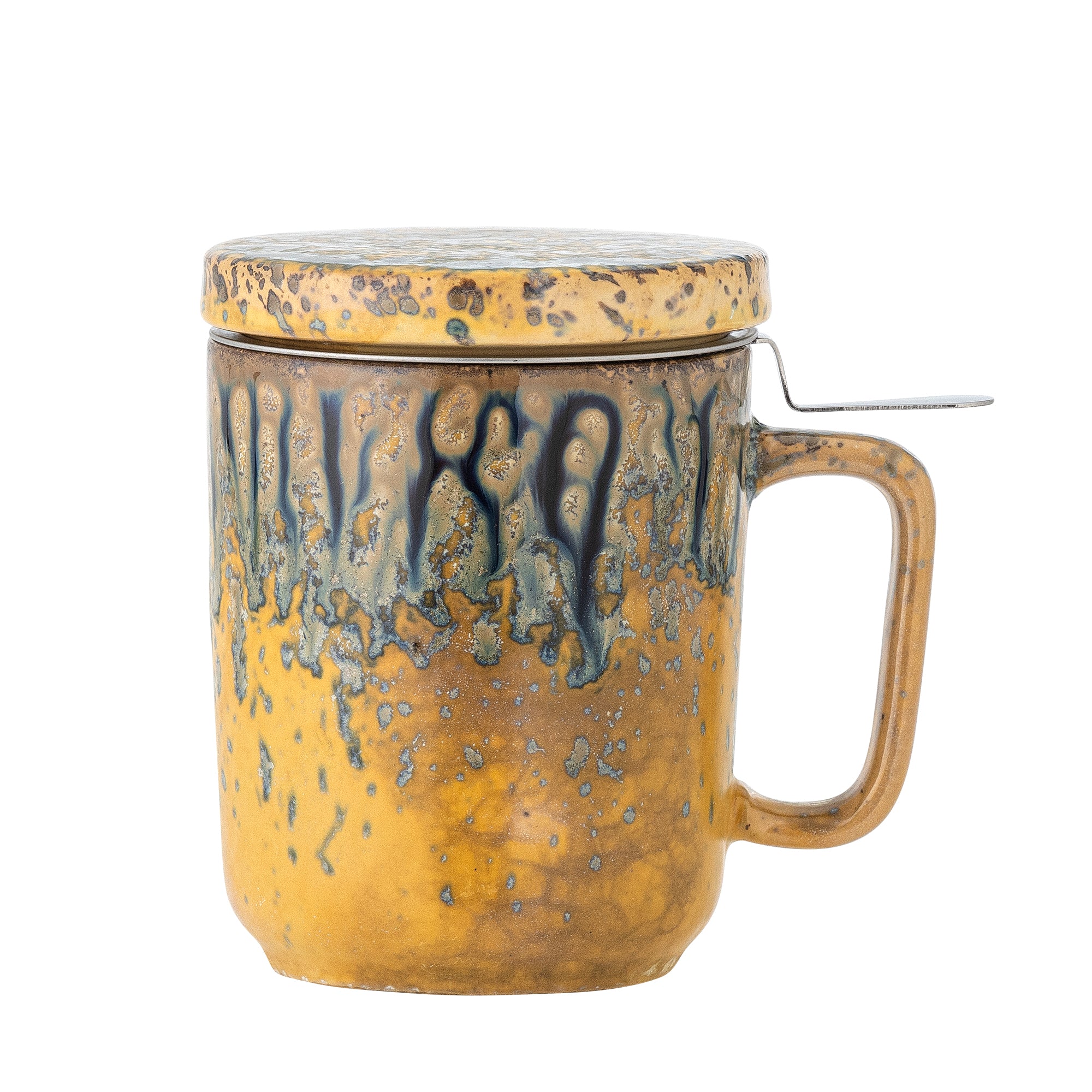 Yuma Tasse avec couvercle et passoire à thé en grès jaune