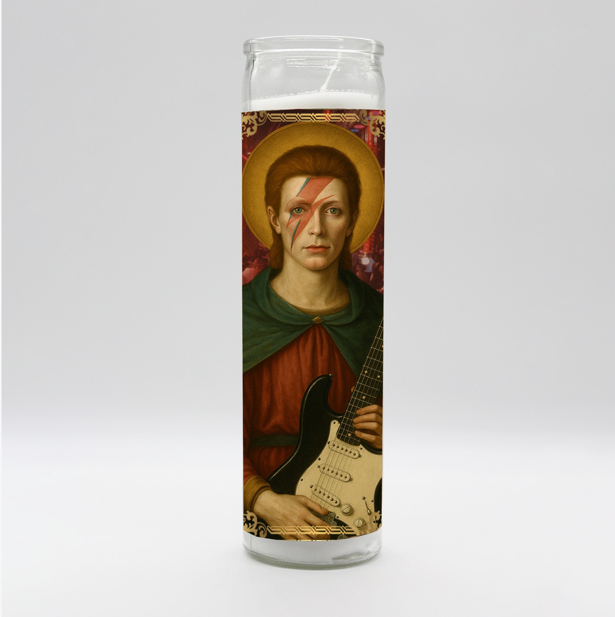 Bougie Saint Ziggy, bougie votive blanche art parodique glam-rock style Renaissance, BobbyK